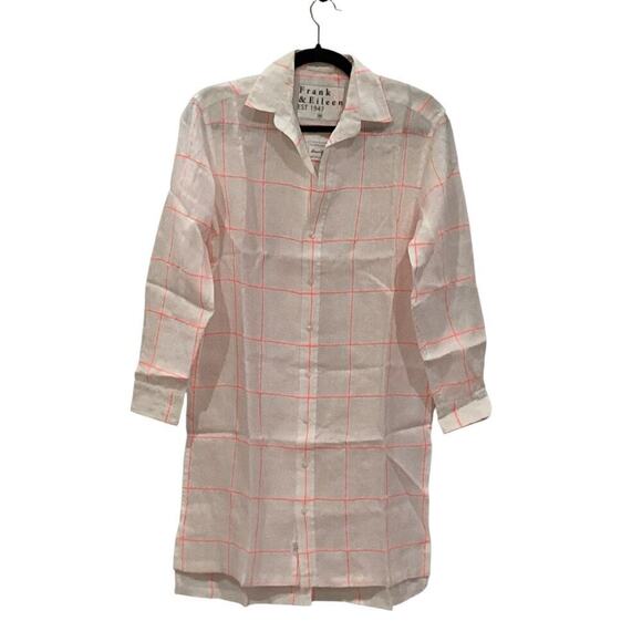 Frank & Eileen Hunter Classic Linen Shirtdress In Neon Pink Windowpane Size XS - Picture 3 of 14
